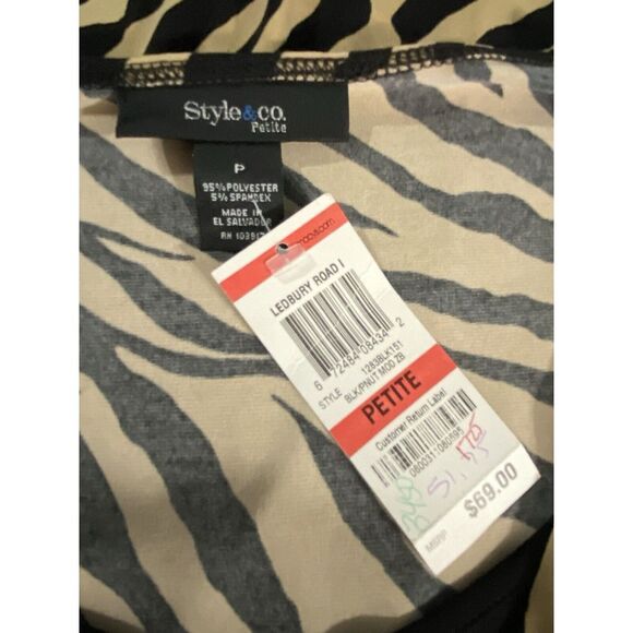 Style & Co NWT Petite Black Tan Tiger 3/4 Sleeve Pleated V Neck Dress Size PM - Picture 6 of 6